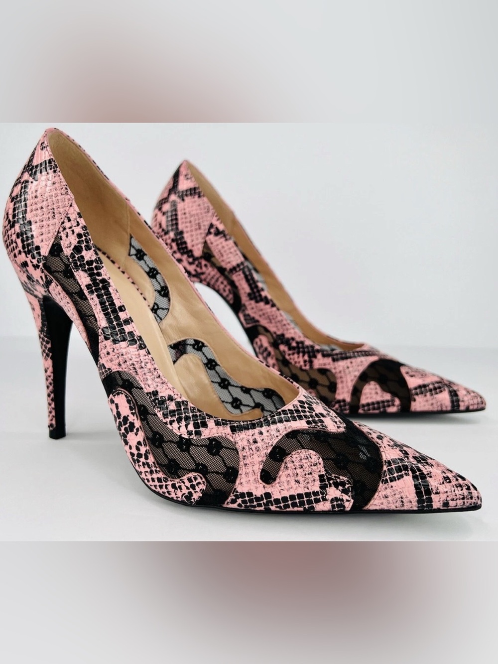 NEW Gucci 40.5 Pink and Black Snake-Print Pointed Stilettos IN BOX 9.5 10 US